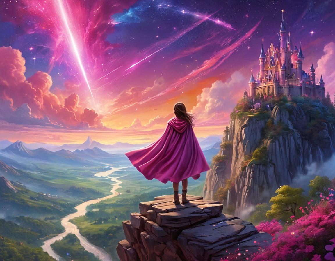A young girl standing atop a mountain, gazing into a vast, colorful fantasy landscape filled with mythical creatures and glowing castles. She wears a superhero cape, radiating confidence and determination. The sky above is painted with vibrant hues of pink and purple, with shooting stars symbolizing dreams. Surround her with whimsical elements like floating books and magical artifacts to represent imagination. super-realistic. vibrant colors. fantasy art.