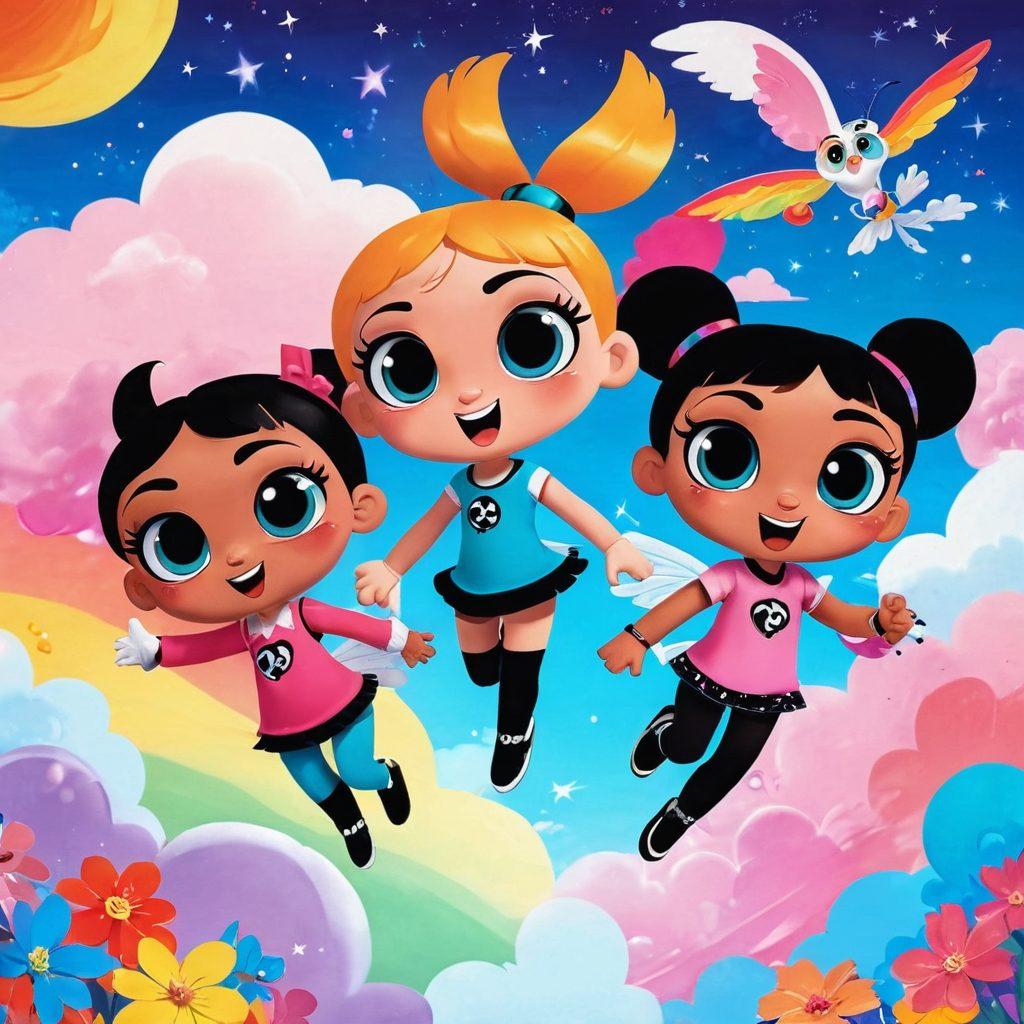 A vibrant and dynamic scene featuring the Powerpuff Girls soaring through a colorful sky, symbolizing friendship and adventure. Include elements like sparkles, flowers, and clouds to enhance the magical atmosphere. Capture their unique personalities with colorful outfits and expressive faces. Incorporate playful, whimsical designs that appeal to young girls. cartoon style. bright colors. whimsical background.