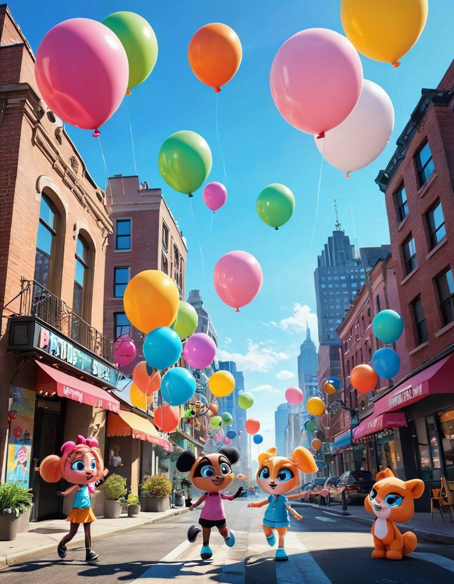 A vibrant scene featuring the Powerpuff Girls in a sunny, whimsical cityscape, showcasing their unique powers with colorful bursts of energy. Include cheerful elements like floating balloons and playful animals around them, highlighting friendship and fun. Emphasize their dynamic poses and expressions of joy, with a whimsical, cartoonish style. bright colors. playful atmosphere. 3D effect.